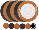 Cookinglife 6 Placemats + 6 Coasters - Double-sided - Round - Vegan leather - Black / Cognac - 12 pieces