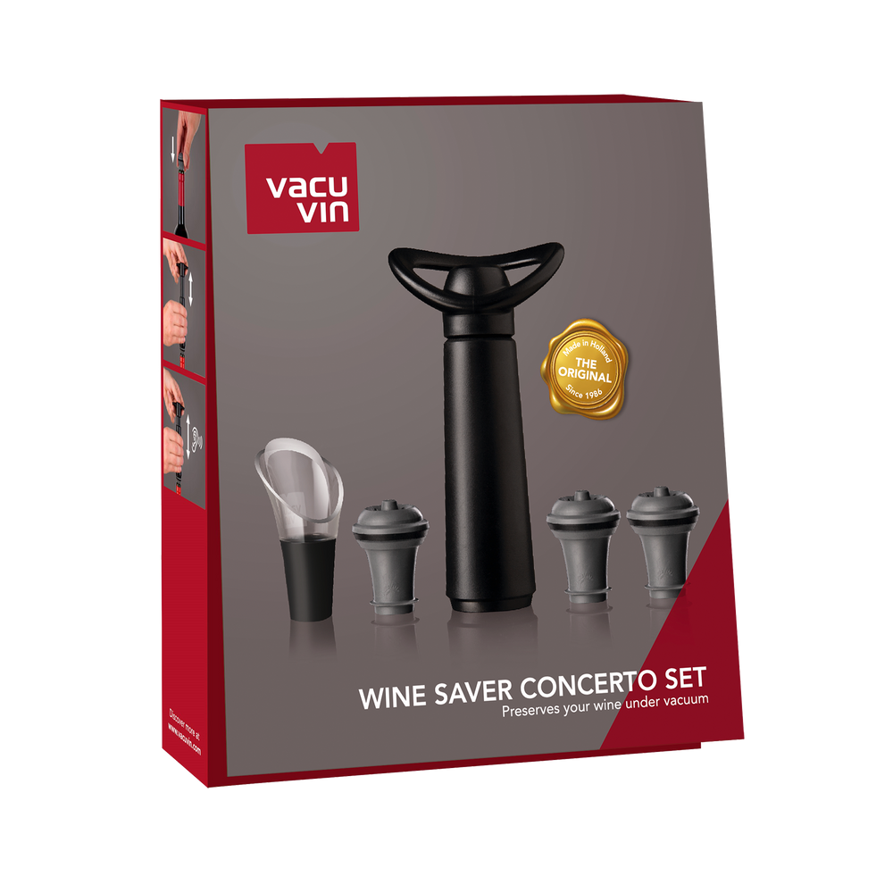 Vacu Vin Wine pump with 3 wine stoppers and wine pourer - Wine Saver Concerto - Black