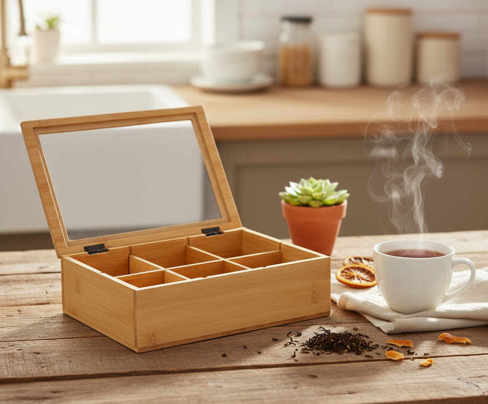 Cookinglife Tea Box - Tea Chest - Natural Bamboo 6-compartment - 24 x 16 cm