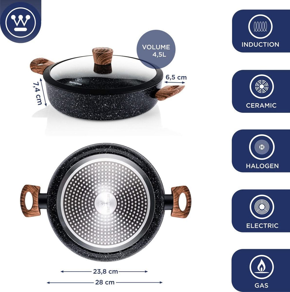 Westinghouse Cookware set Marble Wood (Wok pan ø 30 cm + Casserole + sauté pan ø 28 cm) - Induction and all other heat sources