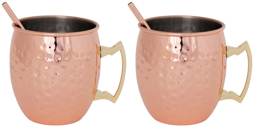 Cozy & Trendy Moscow Mule Cocktail Mugs with Straws - 450 ml - Hammered Copper - 2 Pieces
