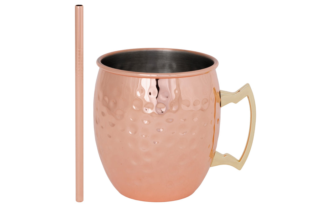 Cozy & Trendy Moscow Mule Cocktail Mugs with Straws - 450 ml - Hammered Copper - 2 Pieces