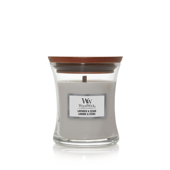 WoodWick Scented Candle Mini Lavender & Cedar - 8 cm / ø 7 cm - Scented Candle in Glass - Wooden Wick