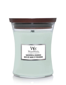 WoodWick Scented Candle Medium Sagewood & Seagrass - 11 cm / ø 10 cm - Scented Candle in Glass - Wooden Wick