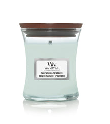 WoodWick Scented Candle Mini Sagewood & Seagrass - 8 cm / ø 7 cm - Scented Candle in Glass - Wooden Wick