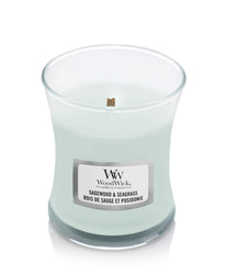 WoodWick Scented Candle Mini Sagewood & Seagrass - 8 cm / ø 7 cm - Scented Candle in Glass - Wooden Wick