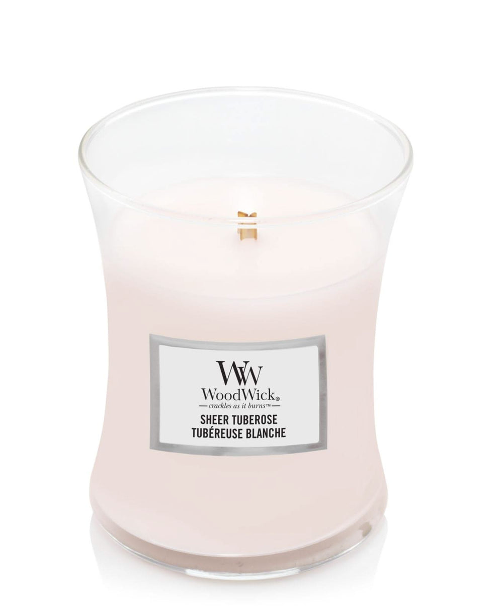 WoodWick Scented Candle Medium Sheer Tuberose - 11 cm / ø 10 cm - Scented Candle in Glass - Wooden Wick