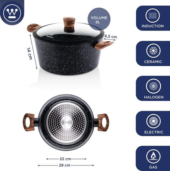 Westinghouse Cookware set Marble Wood (Wok pan ø 30 cm + Casserole + sauté pan ø 28 cm) - Induction and all other heat sources