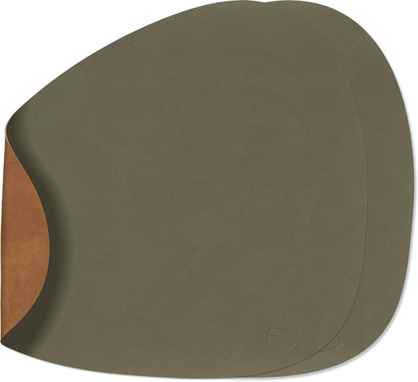 LIND DNA Placemats Nupo - Leather - Army Green / Nature - Curved - double-sided - 44 x 37 cm - 2 pieces