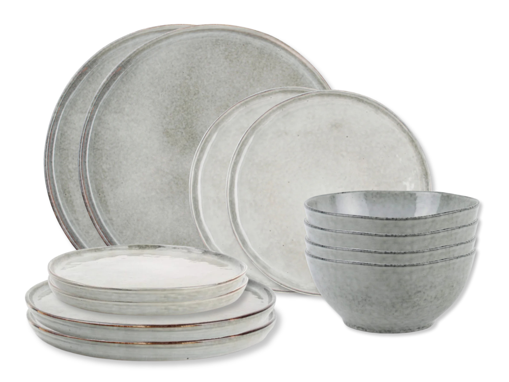 Salt & Pepper Dinnerware Set Artisan Green - 12 pieces / 4 people - 4 dinner plates, 4 side plates and 4 bowls