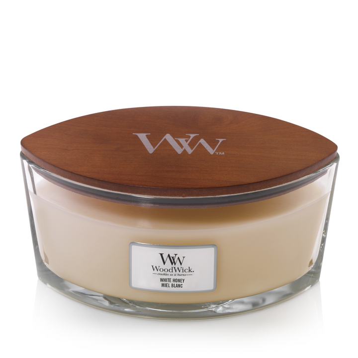 WoodWick Scented Candle Ellipse White Honey - 9 cm / 19 cm - Scented Candle in Glass - Wooden Wick