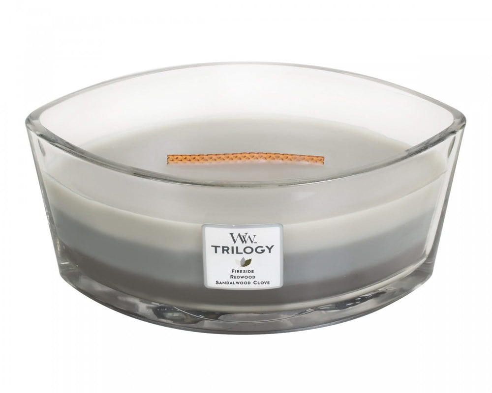 WoodWick Scented Candle Ellipse Trilogy Warm Woods - 9 cm / 19 cm - Scented Candle in Glass - Wooden Wick