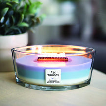 WoodWick Scented Candle Medium Trilogy Calming Retreat - 11 cm / ø 10 cm - Scented Candle in Glass - Wooden Wick