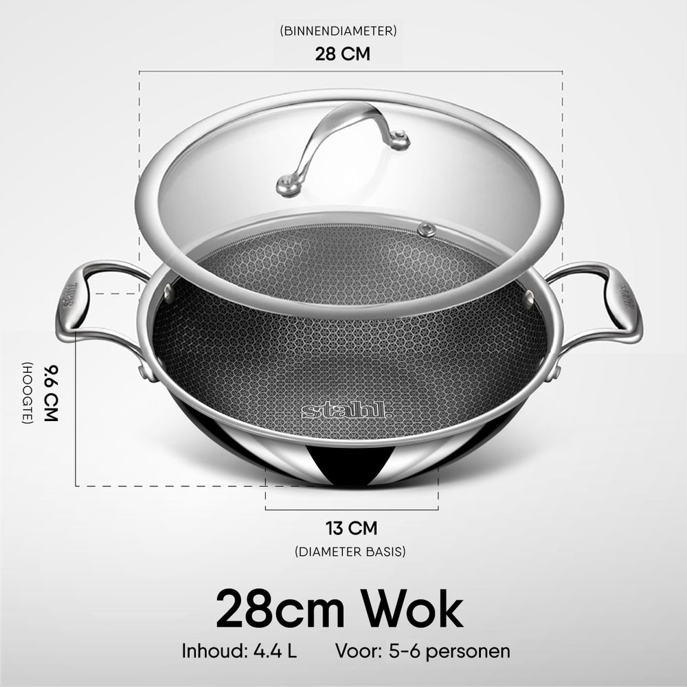 Stahl Cookware Wok pan Hybrid 28 cm - Includes Glass Lid