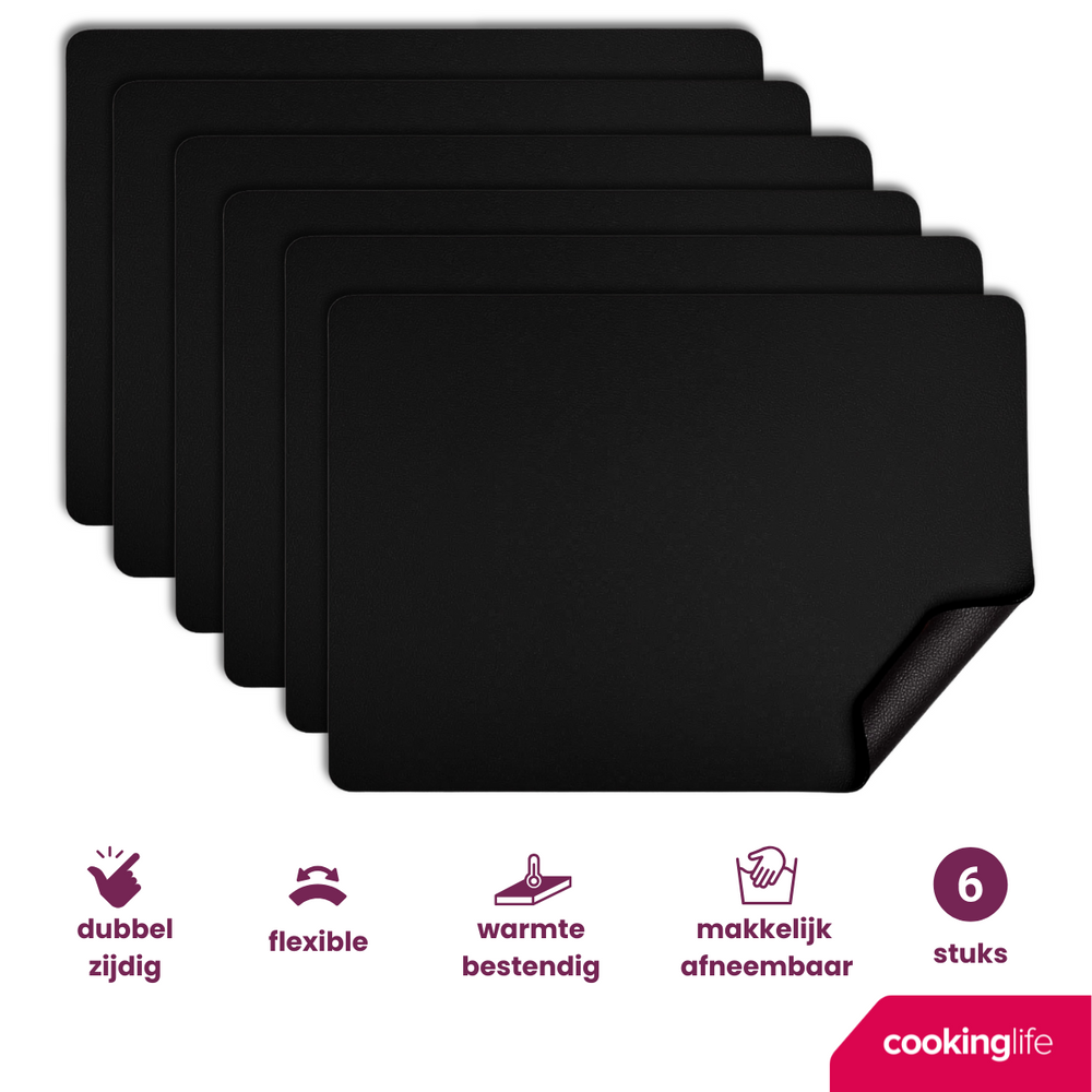 Cookinglife Placemats - Vegan leather - Black - 46 x 33 cm - 6 pieces