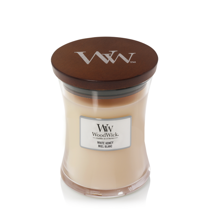 WoodWick Scented Candle Medium White Honey - 11 cm / ø 10 cm - Scented Candle in Glass - Wooden Wick