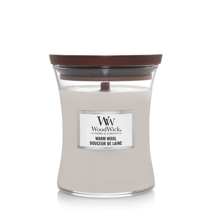 WoodWick Scented Candle Medium Warm Wool - 11 cm / ø 10 cm - Scented Candle in Glass - Wooden Wick