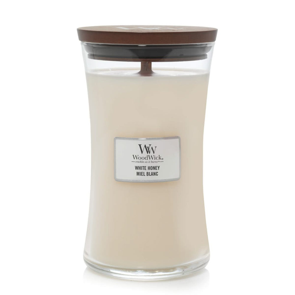 WoodWick Scented Candle Large White Honey - 18 cm / ø 10 cm - Scented Candle in Glass - Wooden Wick