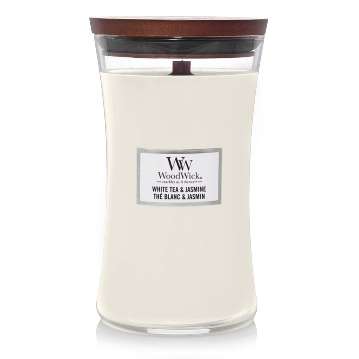 WoodWick Scented Candle Large White Tea & Jasmine - 18 cm / ø 10 cm - Scented Candle in Glass - Wooden Wick