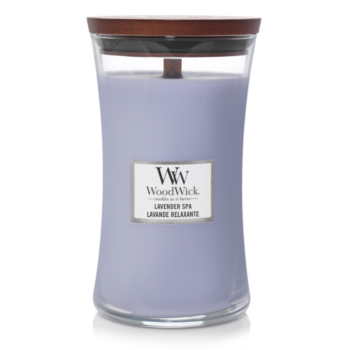 WoodWick Scented Candle Large Lavender Spa - 18 cm / ø 10 cm - Scented Candle in Glass - Wooden Wick