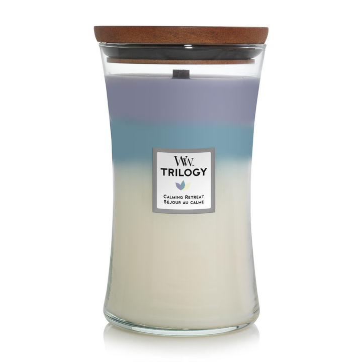 WoodWick Scented Candle Large Trilogy Calming Retreat - 18 cm / ø 10 cm - Scented Candle in Glass - Wooden Wick