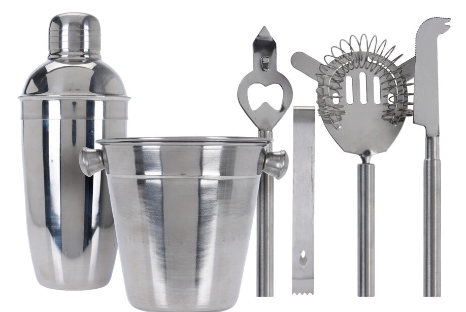 Cookinglife Bar Set Stainless Steel 6-Piece - Cocktail Shaker, Ice Bucket, Strainer, Bottle Opener, Tongs, and Knife