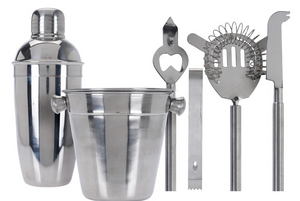 Cookinglife Bar Set Stainless Steel 6-Piece - Cocktail Shaker, Ice Bucket, Strainer, Bottle Opener, Tongs, and Knife