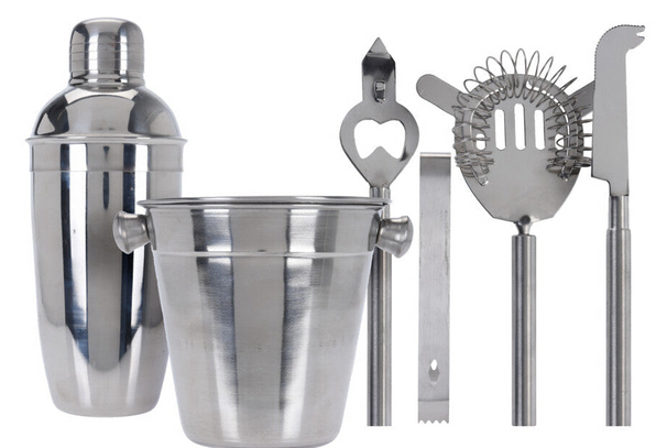 Cookinglife Bar Set Stainless Steel 6-Piece - Cocktail Shaker, Ice Bucket, Strainer, Bottle Opener, Tongs, and Knife