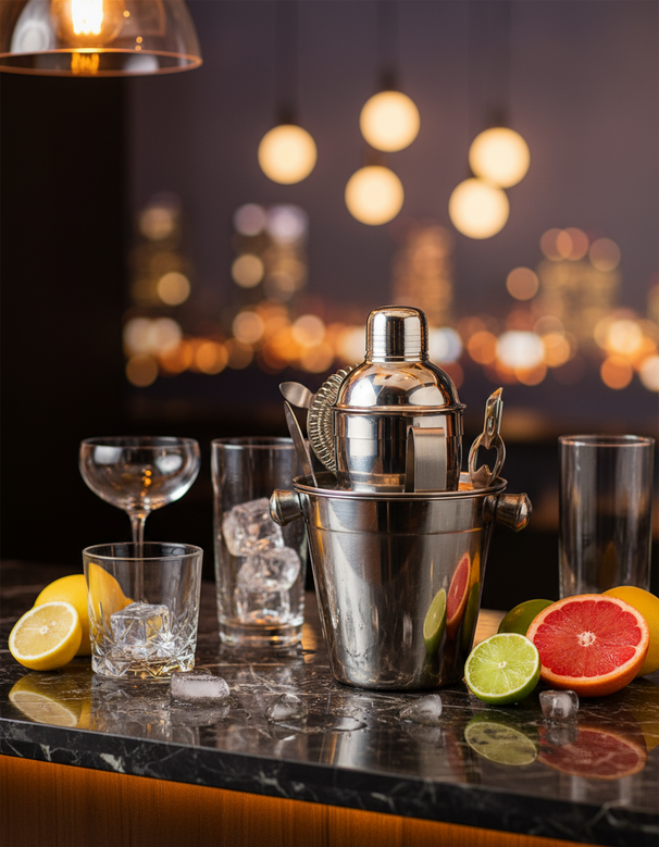 Cookinglife Bar Set Stainless Steel 6-Piece - Cocktail Shaker, Ice Bucket, Strainer, Bottle Opener, Tongs, and Knife