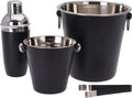 Cookinglife Bar Set Black 4-Piece - Cocktail Shaker, Champagne Cooler, Ice Bucket, and Tongs