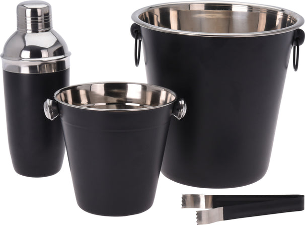 Cookinglife Bar Set Black 4-Piece - Cocktail Shaker, Champagne Cooler, Ice Bucket, and Tongs