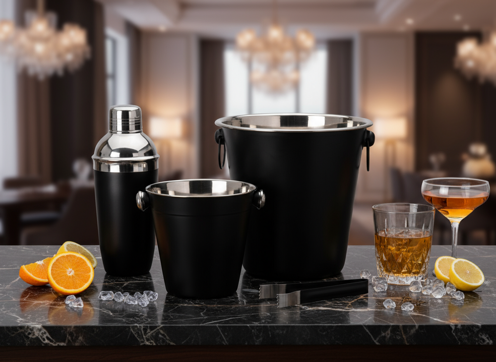 Cookinglife Bar Set Black 4-Piece - Cocktail Shaker, Champagne Cooler, Ice Bucket, and Tongs