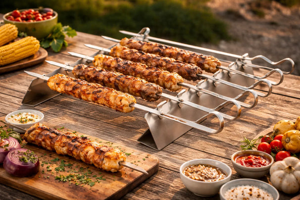 Cookinglife BBQ Skewers Fire & Flavour Stainless Steel 42 cm - Set of 6 with Holder for Grilling