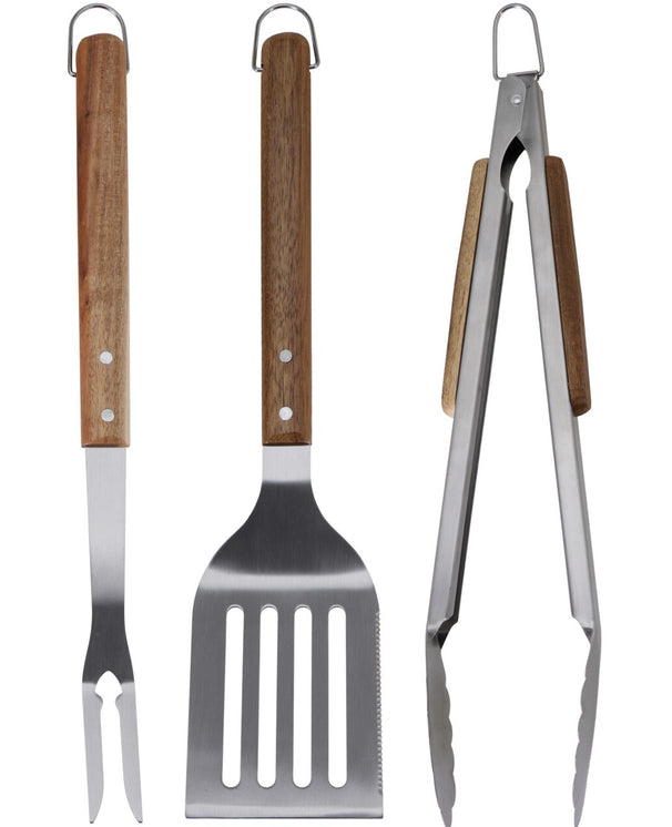 Cookinglife BBQ Tool Set Fire & Flavour Wood 3-Piece - Stainless Steel - BBQ Spatula, Tongs & Fork