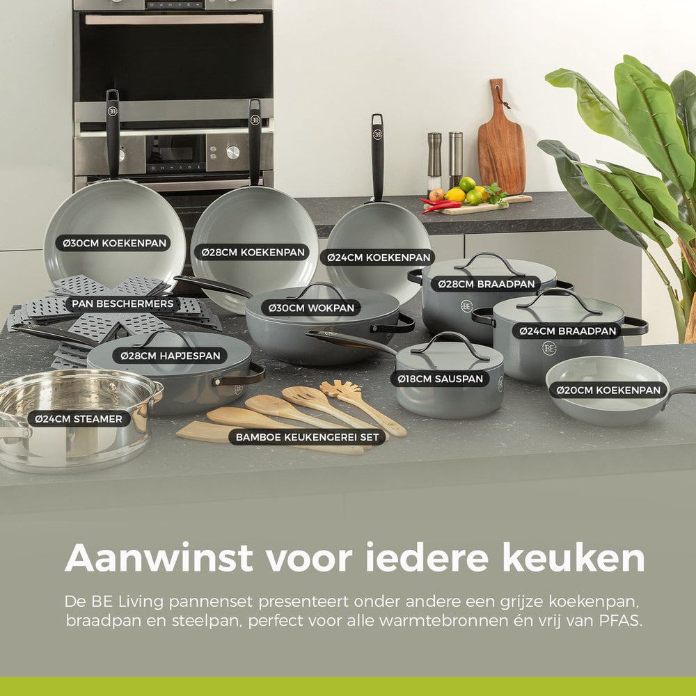 BE Living Casserole with Lid - Ø 24 cm - Ceramic non-stick coating - Suitable for all heat sources - Grey