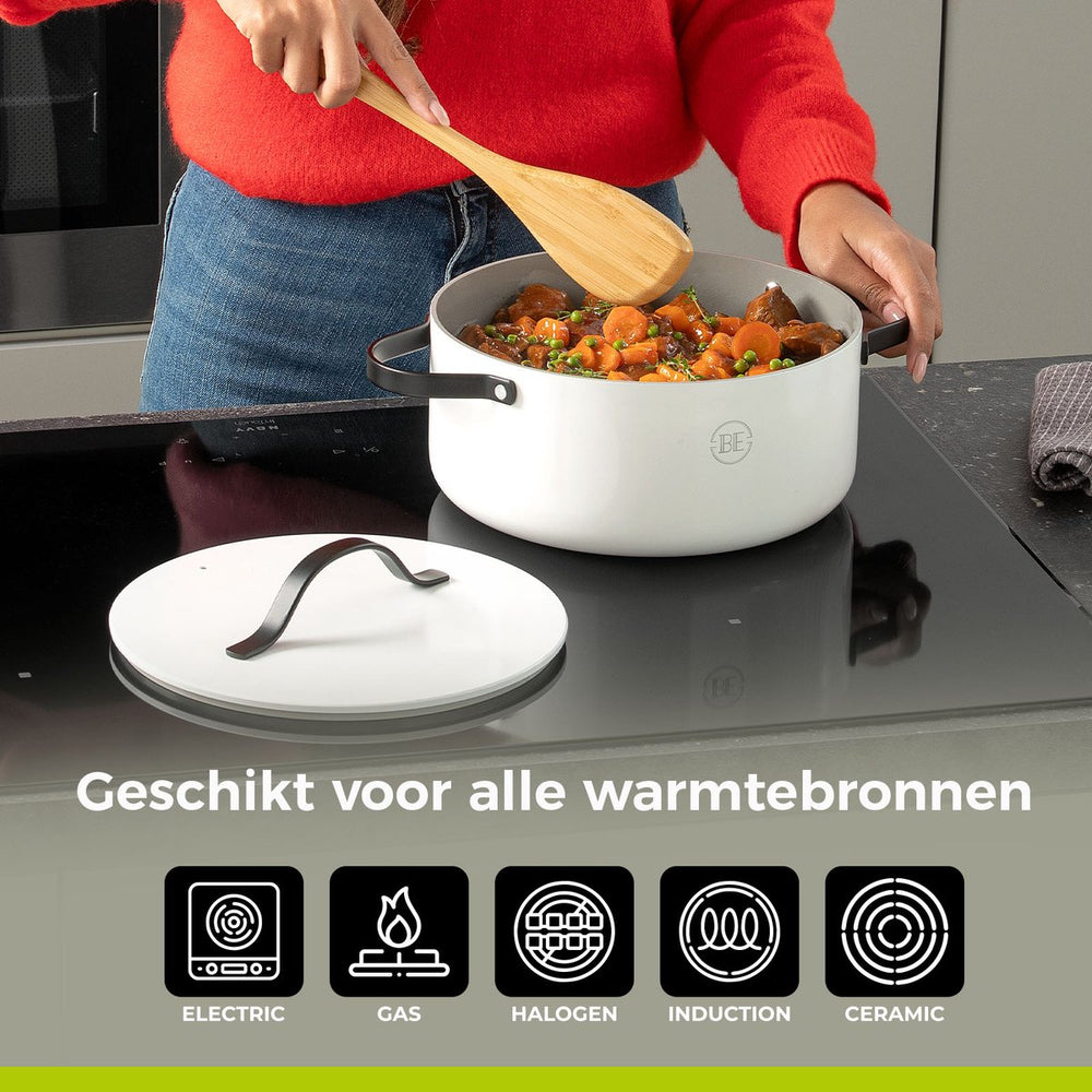 BE Living Casserole with Lid - Ø 28 cm -. Ceramic non-stick coating - Suitable for all heat sources - White