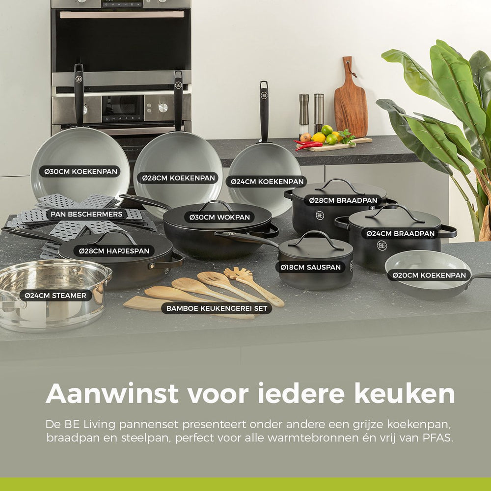 BE Living Casserole with Lid - Ø 28 cm -. Ceramic non-stick coating - Suitable for all heat sources - Black