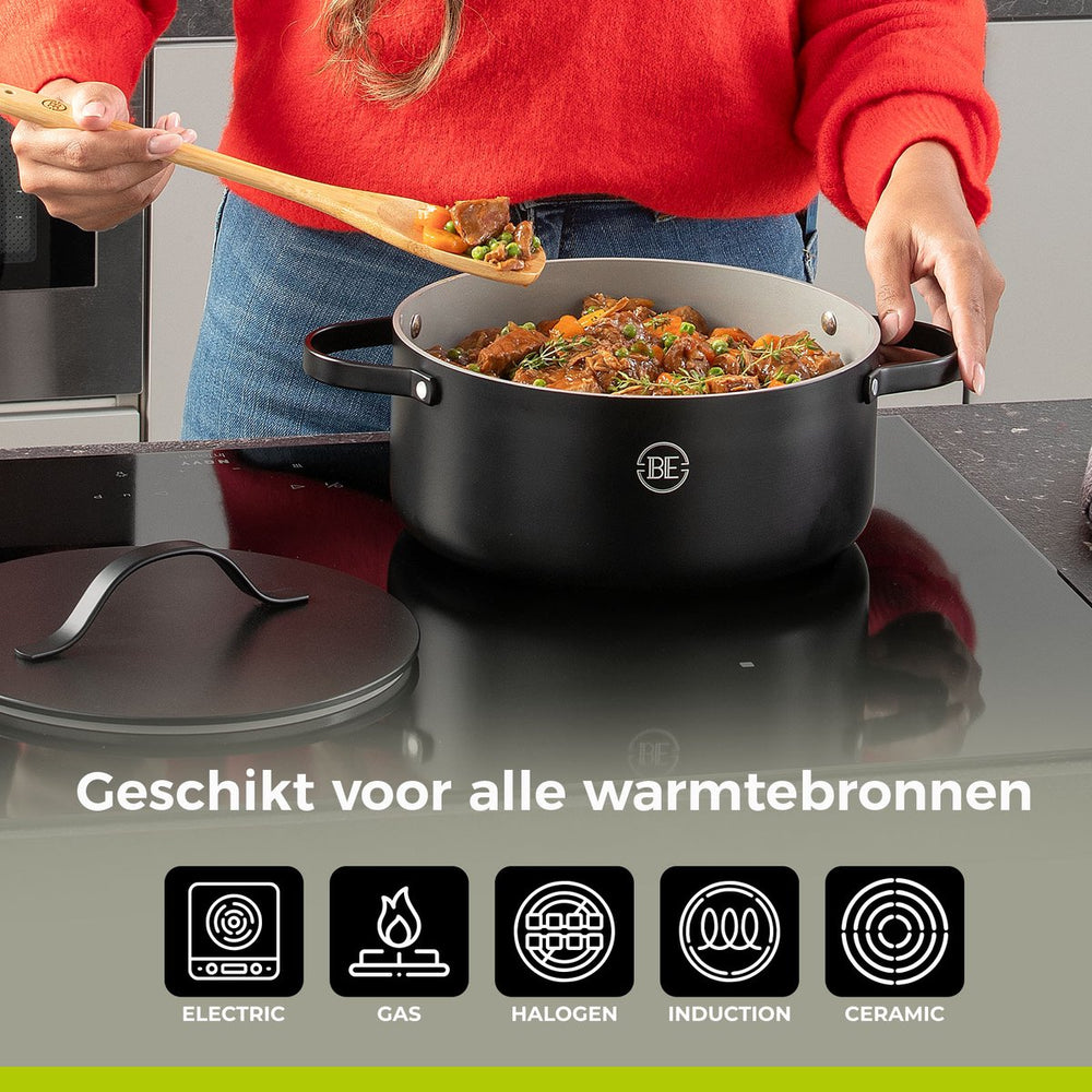 BE Living Casserole with Lid - Ø 28 cm -. Ceramic non-stick coating - Suitable for all heat sources - Black