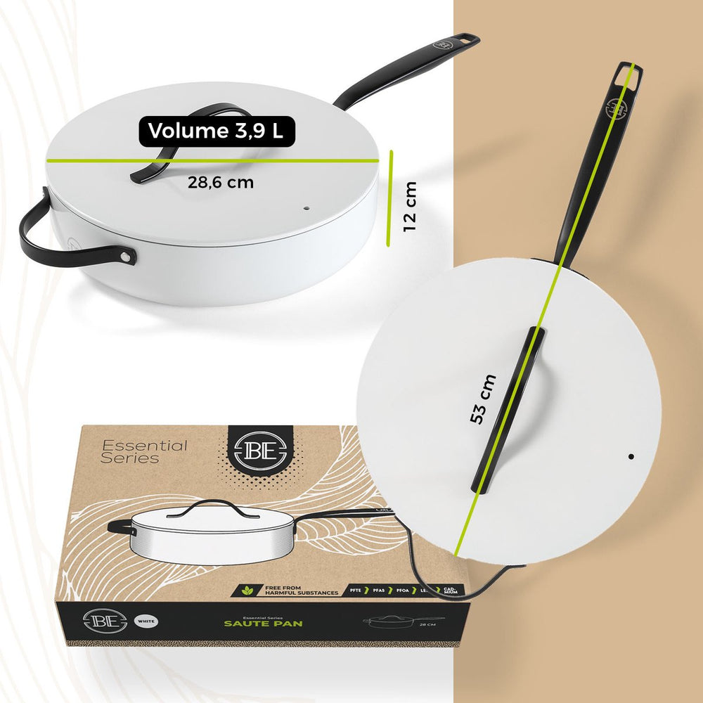 BE Living sauté pan with Lid - Ø 28cm - Ceramic non-stick coating - PFAS free - Suitable for all heat sources - White