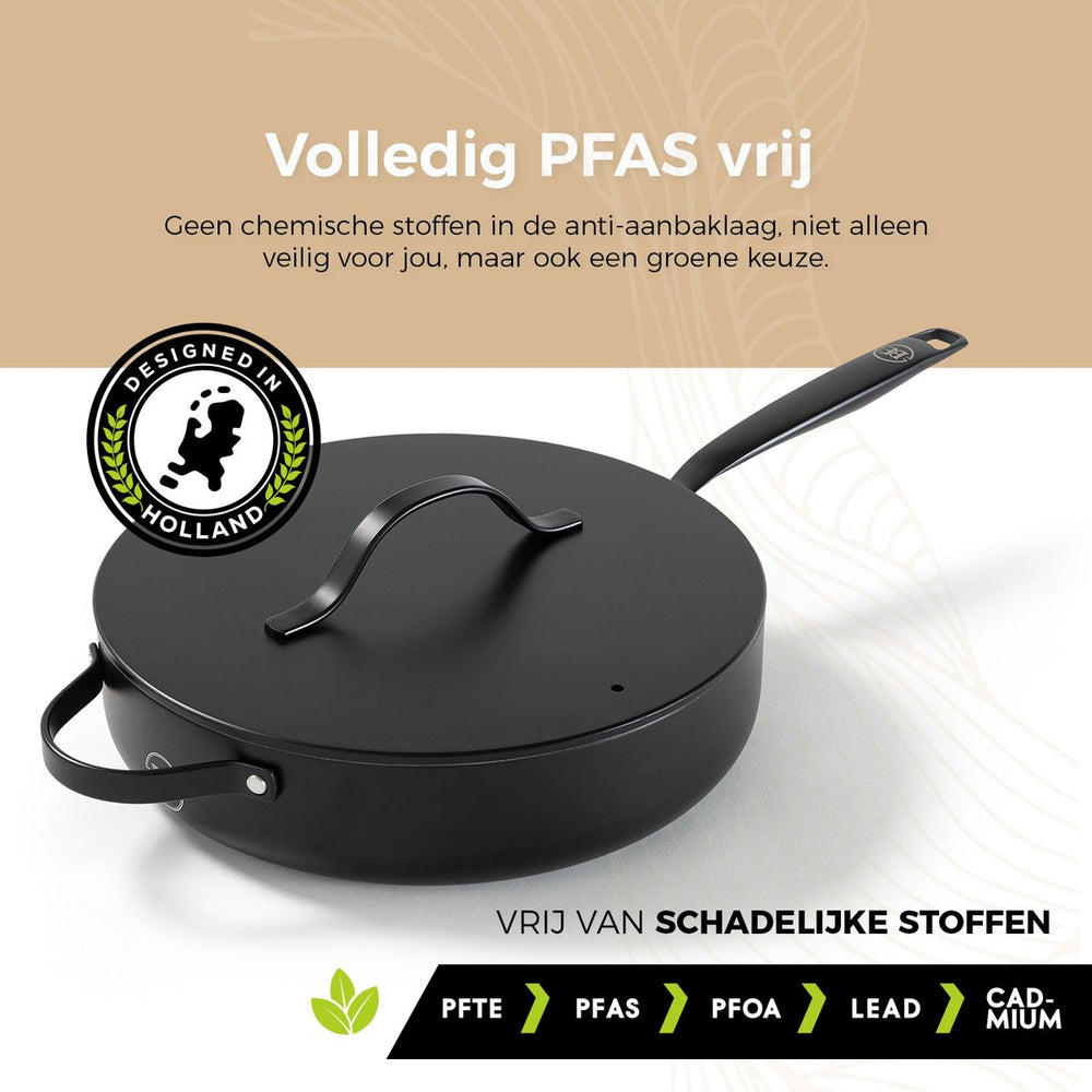 BE Living sauté pan with Lid - Ø 28cm - Ceramic non-stick coating - PFAS free - Suitable for all heat sources - Black