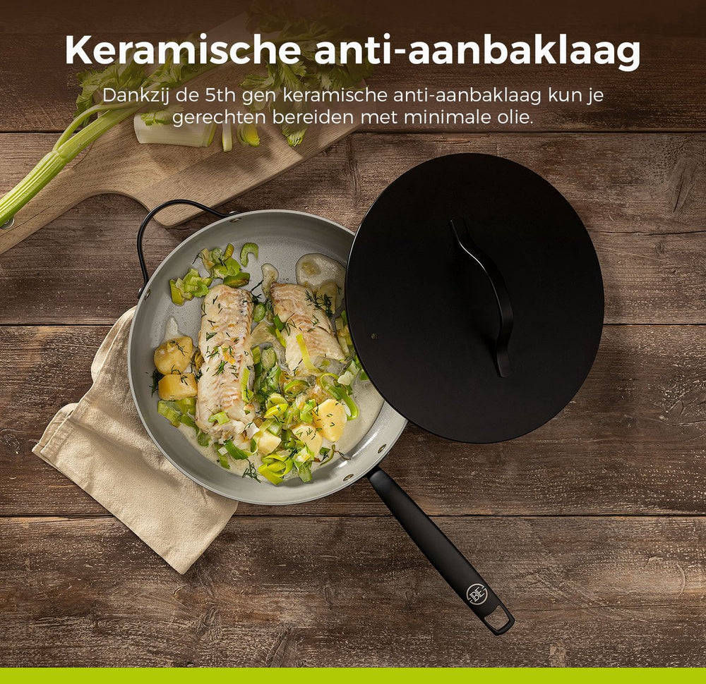 BE Living sauté pan with Lid - Ø 28cm - Ceramic non-stick coating - PFAS free - Suitable for all heat sources - Black