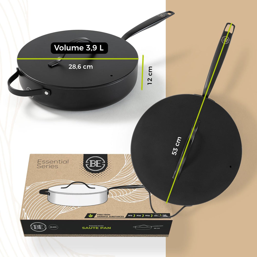 BE Living sauté pan with Lid - Ø 28cm - Ceramic non-stick coating - PFAS free - Suitable for all heat sources - Black