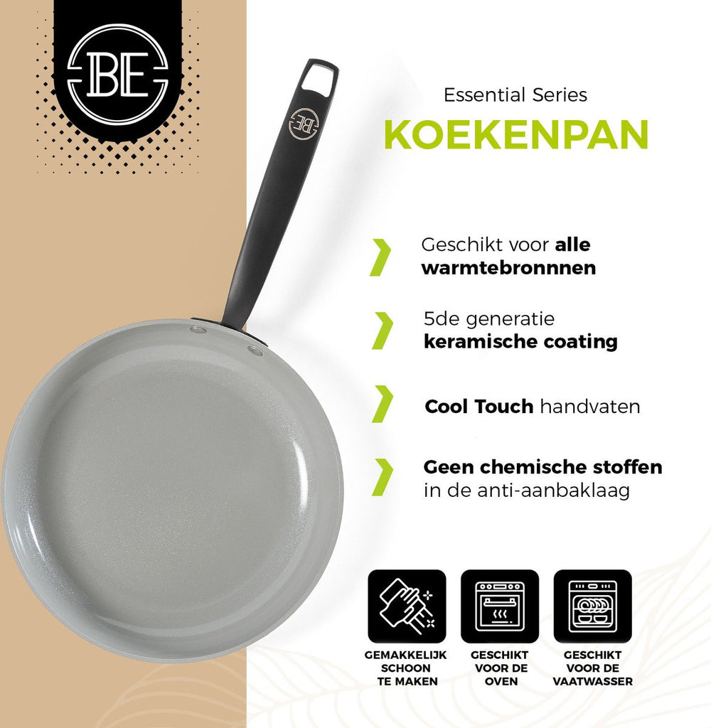 BE Living Frying pan - Ø 24 cm -. Ceramic non-stick coating - PFAS free - Suitable for all heat sources - Black