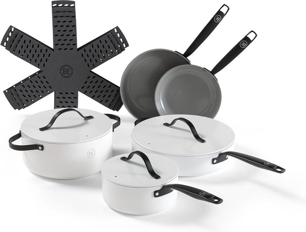 BE Living Cookware set - 12-piece - Essential - Ceramic non-stick coating - Suitable for all heat sources - White