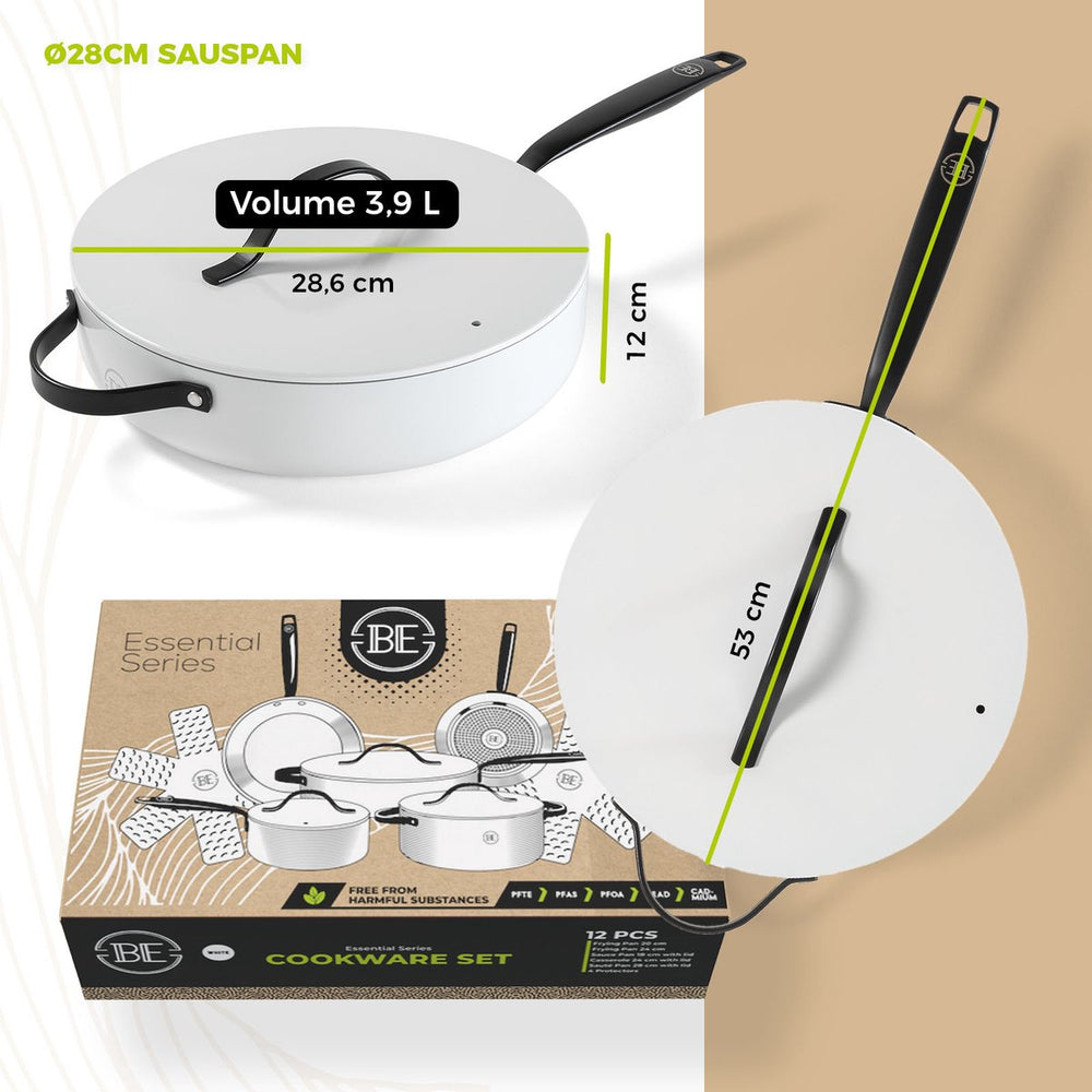 BE Living Cookware set - 12-piece - Essential - Ceramic non-stick coating - Suitable for all heat sources - White