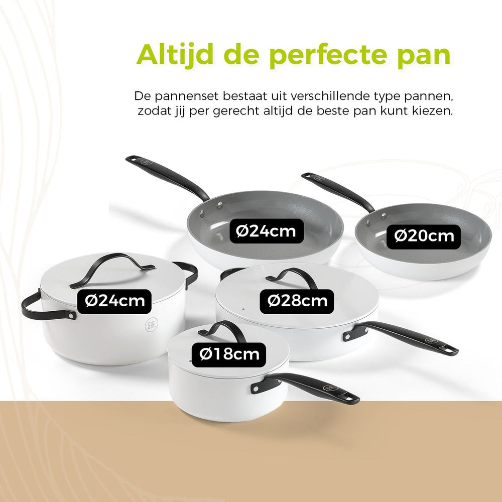 BE Living Cookware set - 12-piece - Essential - Ceramic non-stick coating - Suitable for all heat sources - White