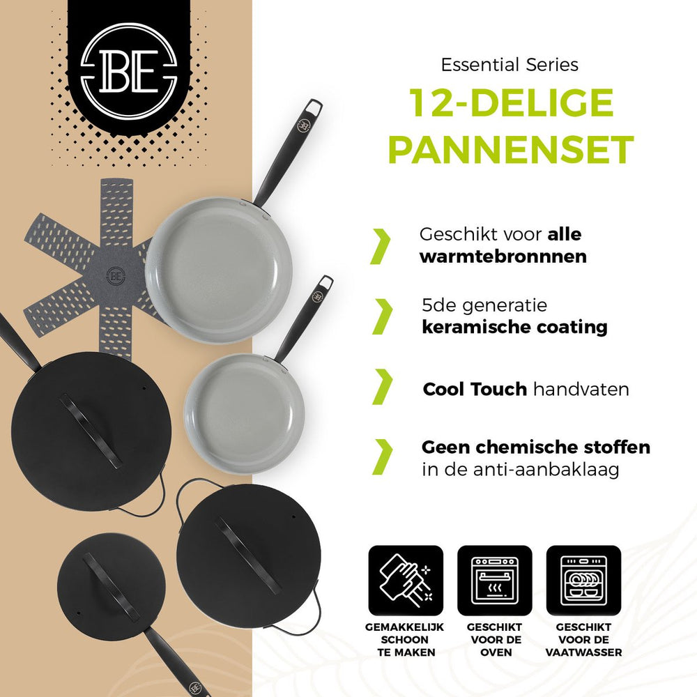 BE Living Cookware set - 12-piece - Essential - Ceramic non-stick coating - Suitable for all heat sources - Black