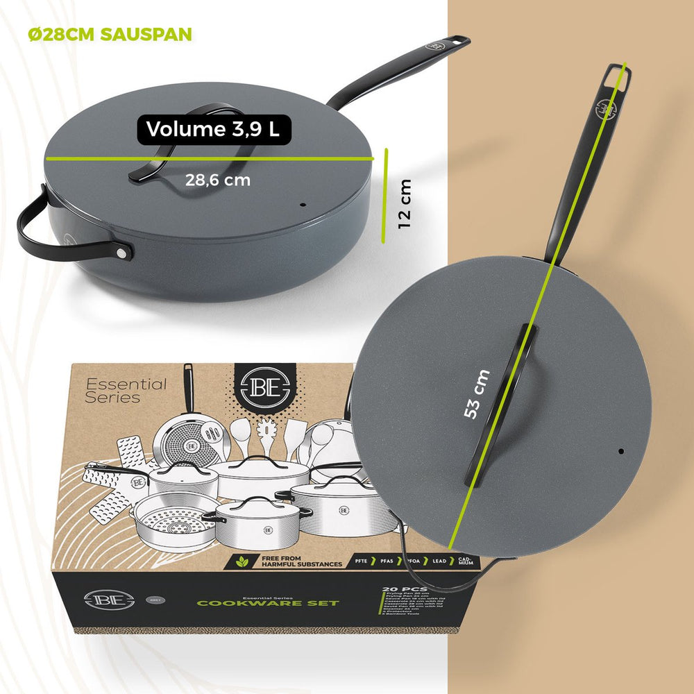 BE Living Cookware set - 20-piece - Essential - Ceramic non-stick coating - Suitable for all heat sources - Gray