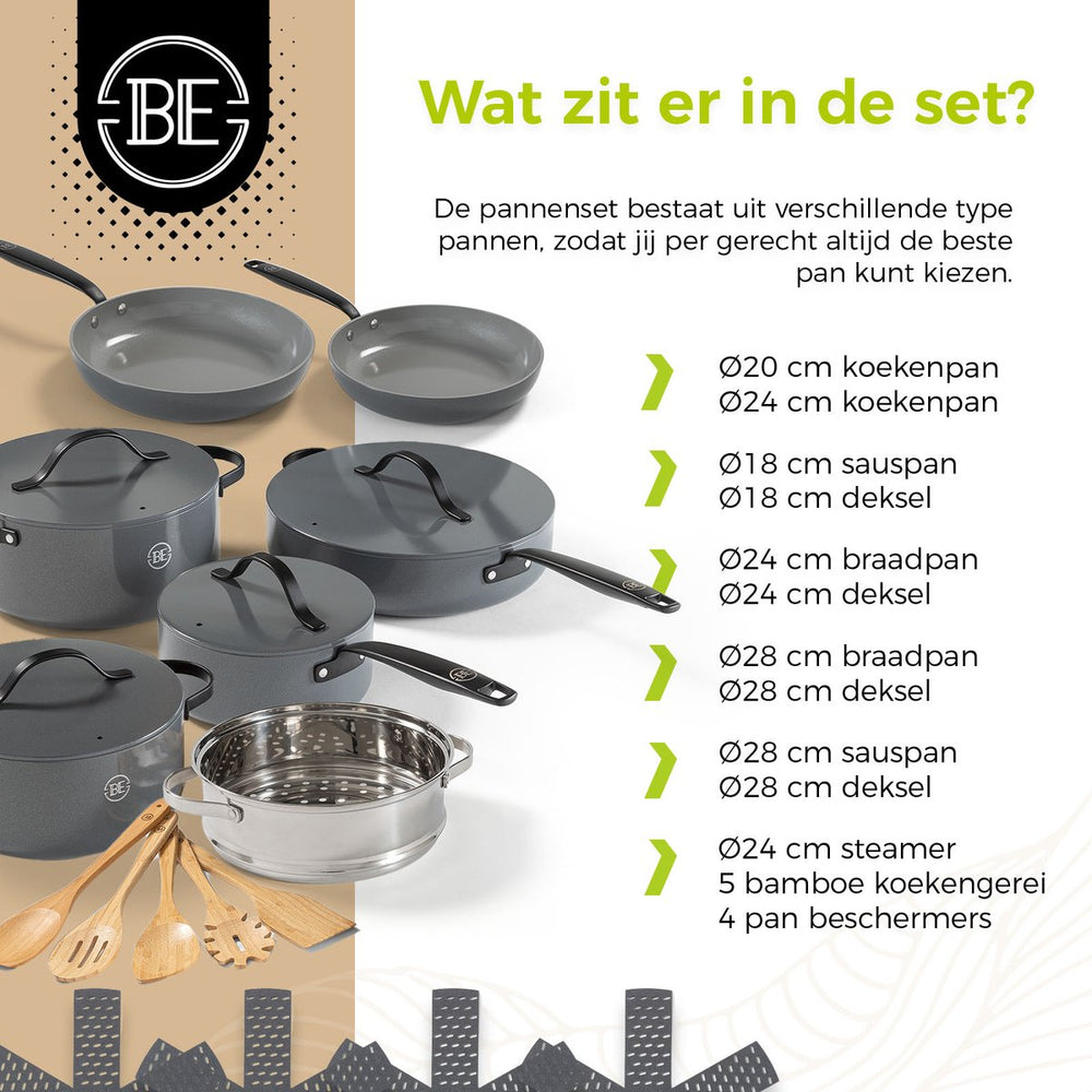 BE Living Cookware set - 20-piece - Essential - Ceramic non-stick coating - Suitable for all heat sources - Gray