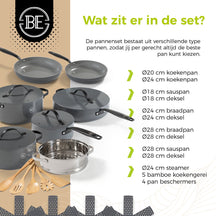 BE Living Cookware set - 20-piece - Essential - Ceramic non-stick coating - Suitable for all heat sources - Gray